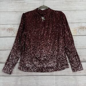 Cable & Gauge Sequined Keyhole Long Sleeve Blouse Womens Small Red Ombre NEW